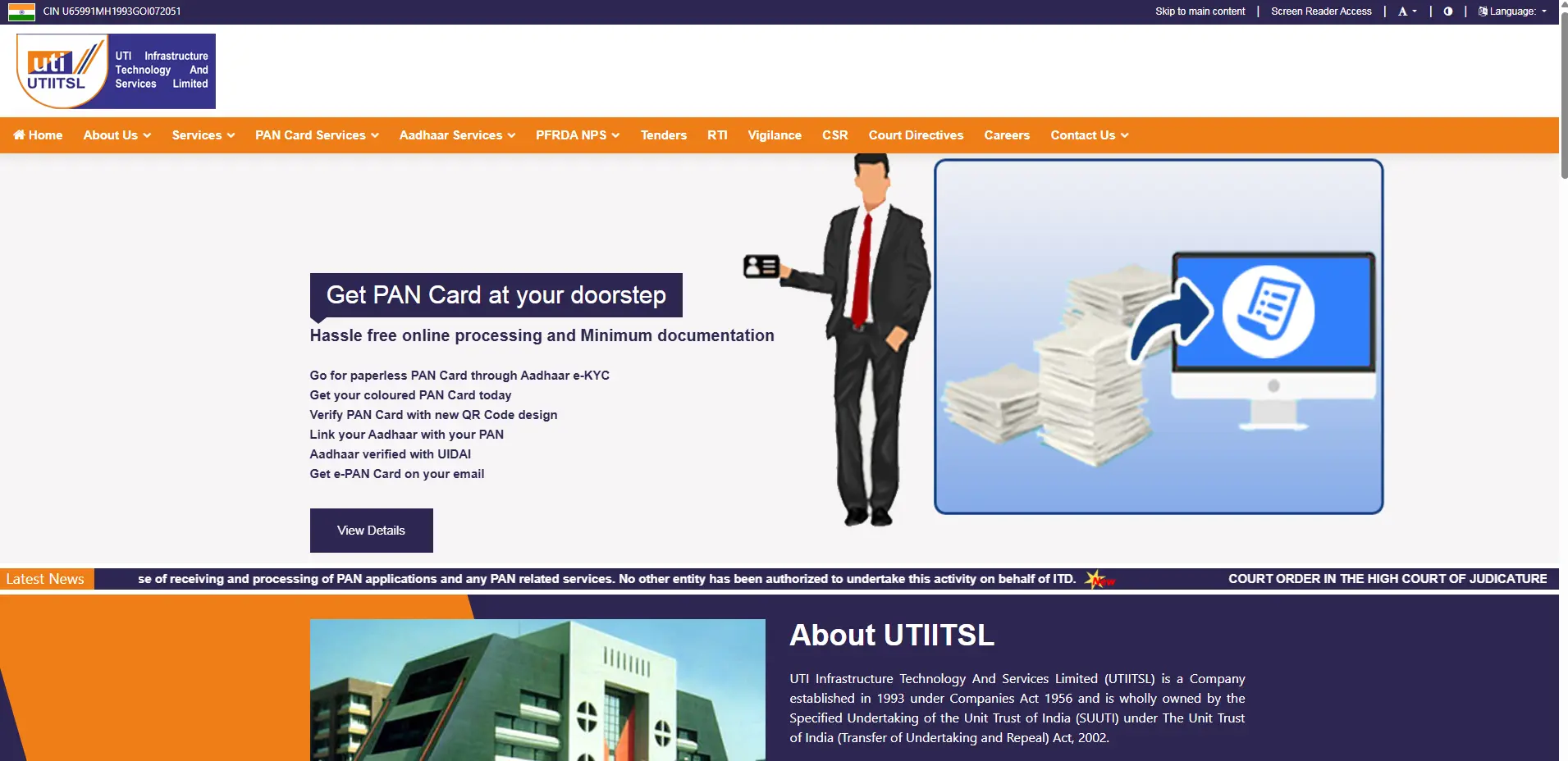 UTIITSL PAN Website homepage for Kerala users