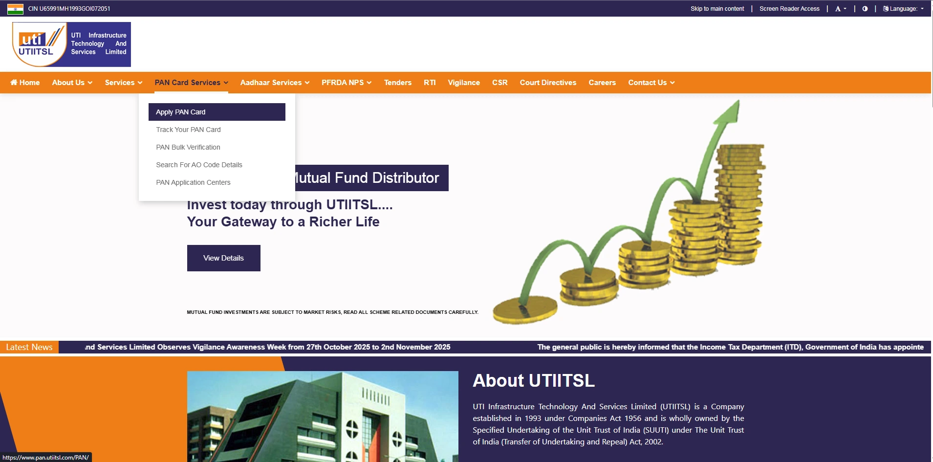 UTIITSL Apply PAN Card page for Kerala