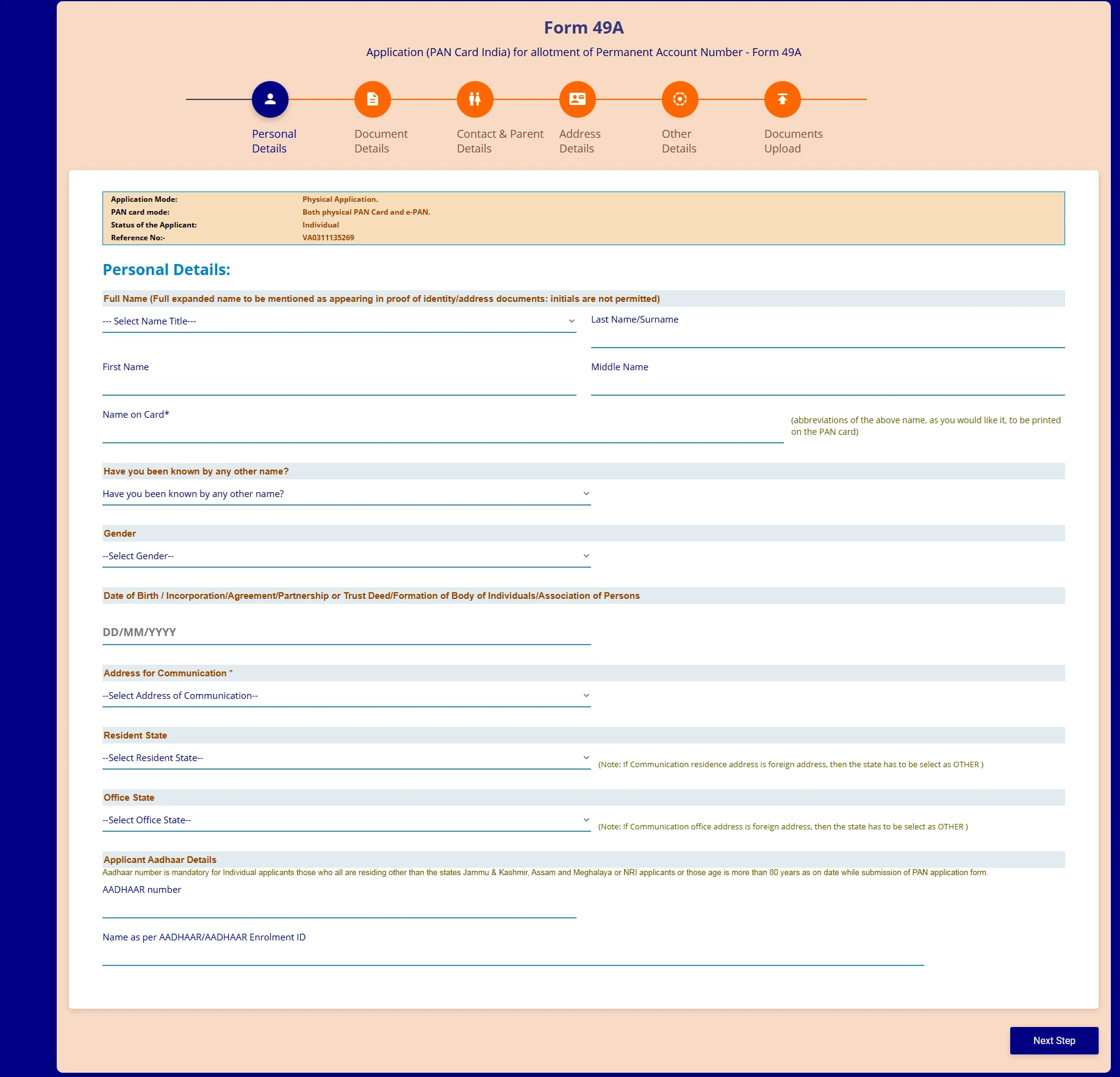 UTIITSL personal details form for Kerala